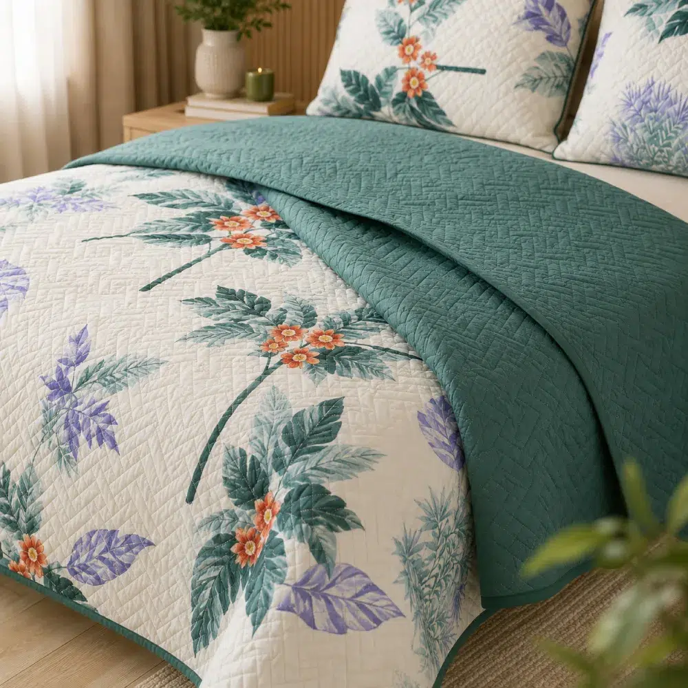 cubrelecho-delgado-verde-floral-becorat cubrelecho delgado verde floral becorat