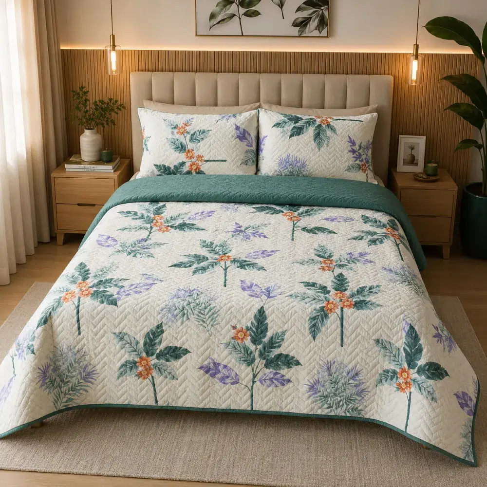 sobrecama-reversible-verde-estampado-floral sobrecama reversible verde estampado floral