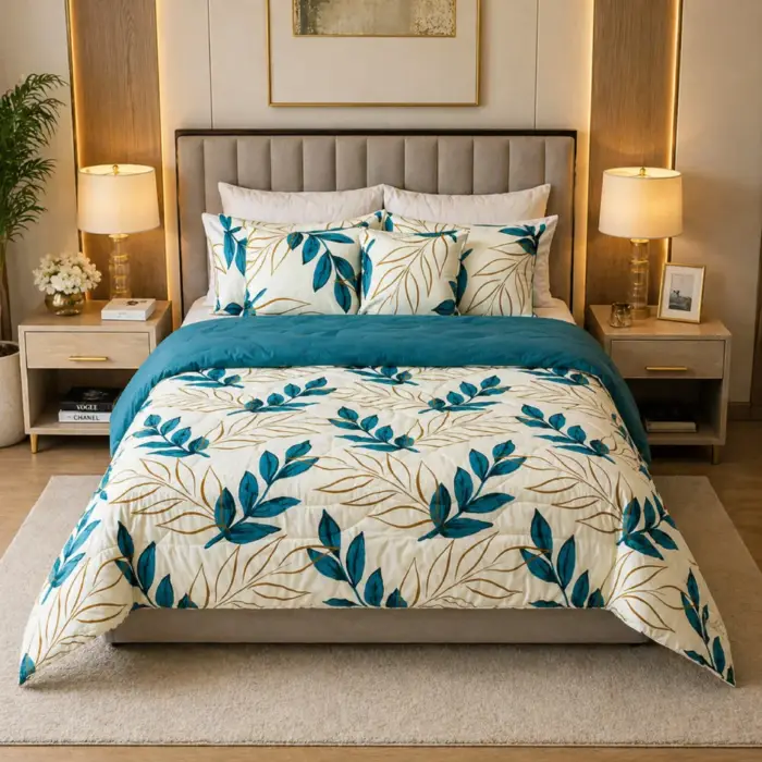edredon golden oasis estampado hojas azul dorado