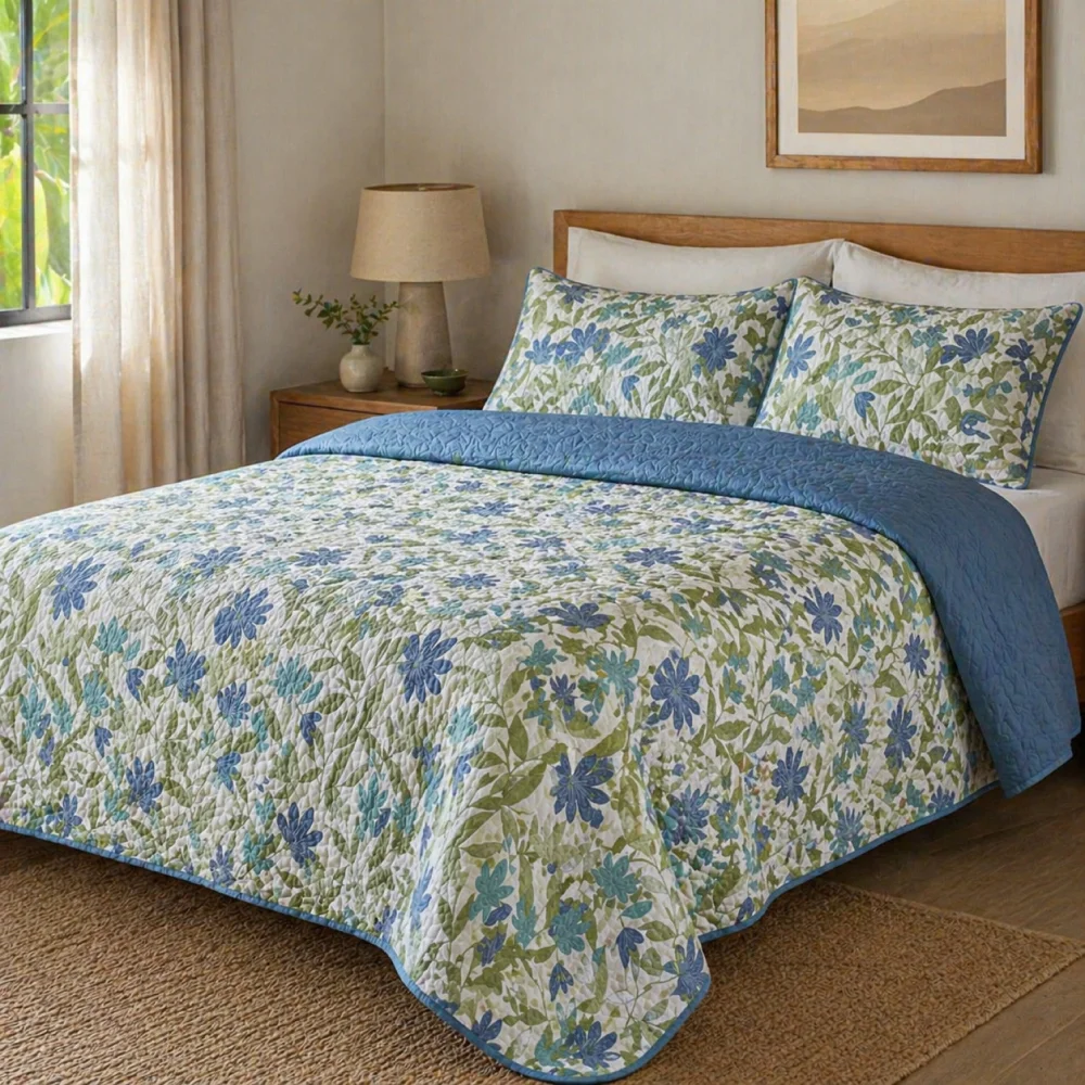 sobrecama-poliester-estampado-hojas-azules-verdes sobrecama poliester estampado hojas azules verdes