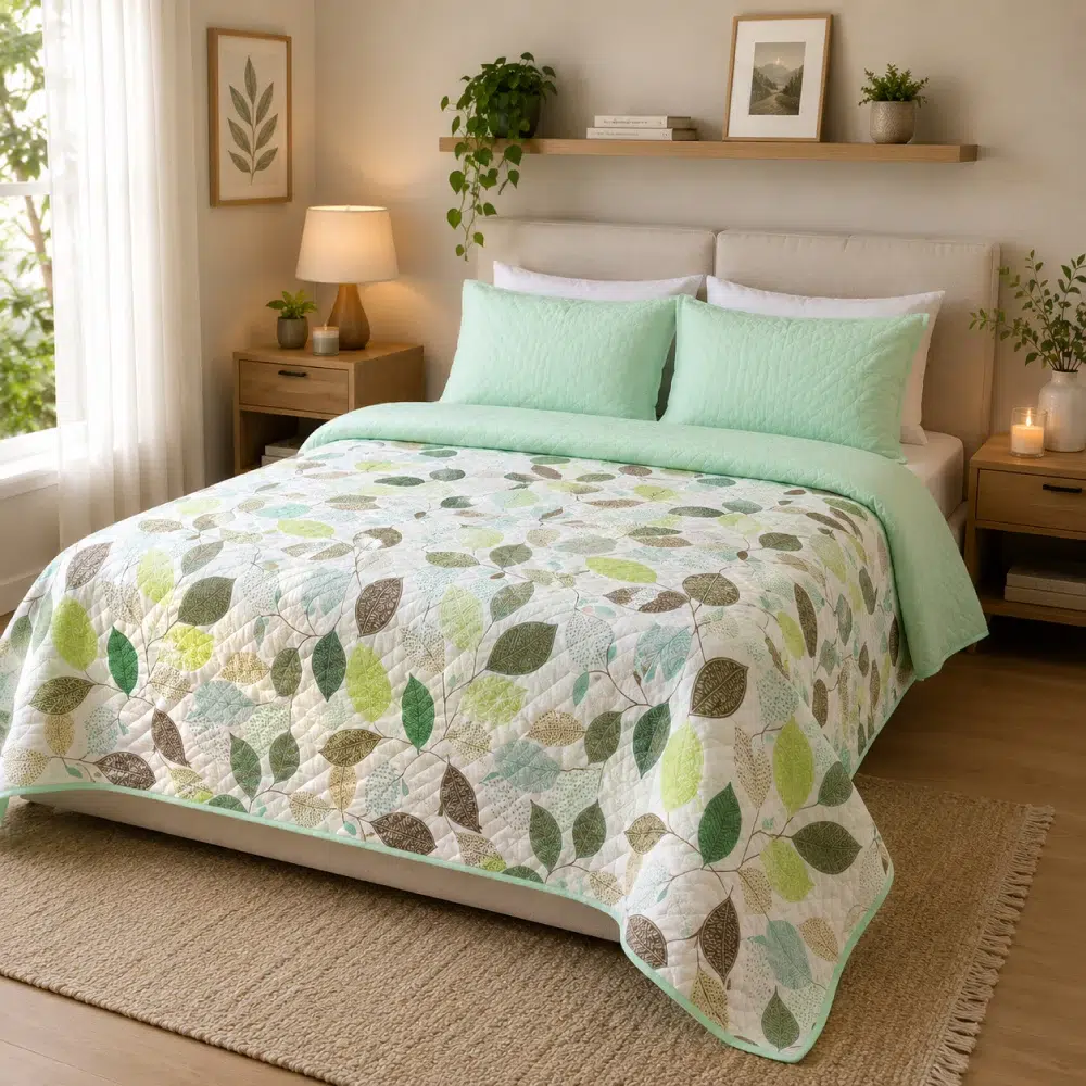 sobrecama-estampada-hojas-tonos-menta sobrecama estampada hojas tonos menta