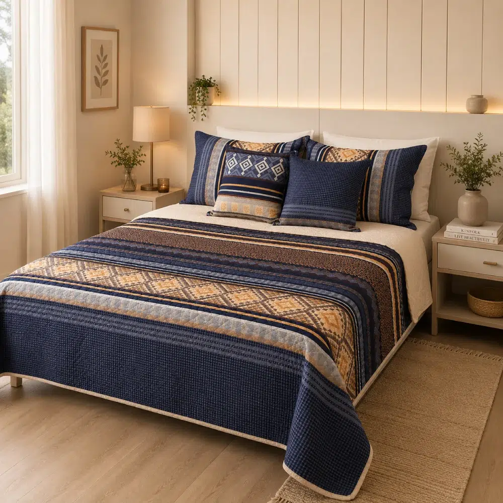 sobrecama-tribal-azul-beige-cama-doble sobrecama tribal azul beige cama doble