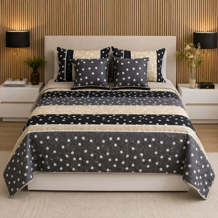 sobrecama negro beige puntos blancos