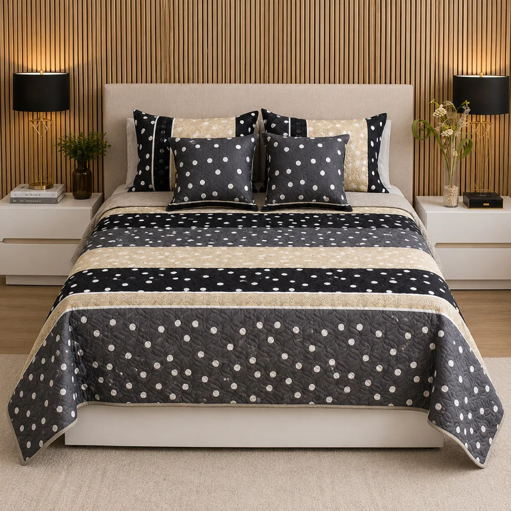 sobrecama-negro-beige-puntos-blancos sobrecama negro beige puntos blancos